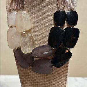 Multi-String Faceted Stone Statement Necklace in Black, Gray, and Cream